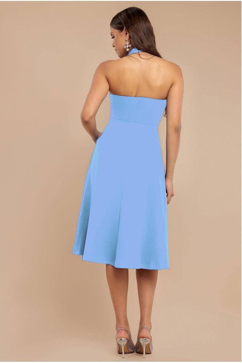 Frilled Halter Neck Strap Midi Dress - Cornflower Blue DR4205