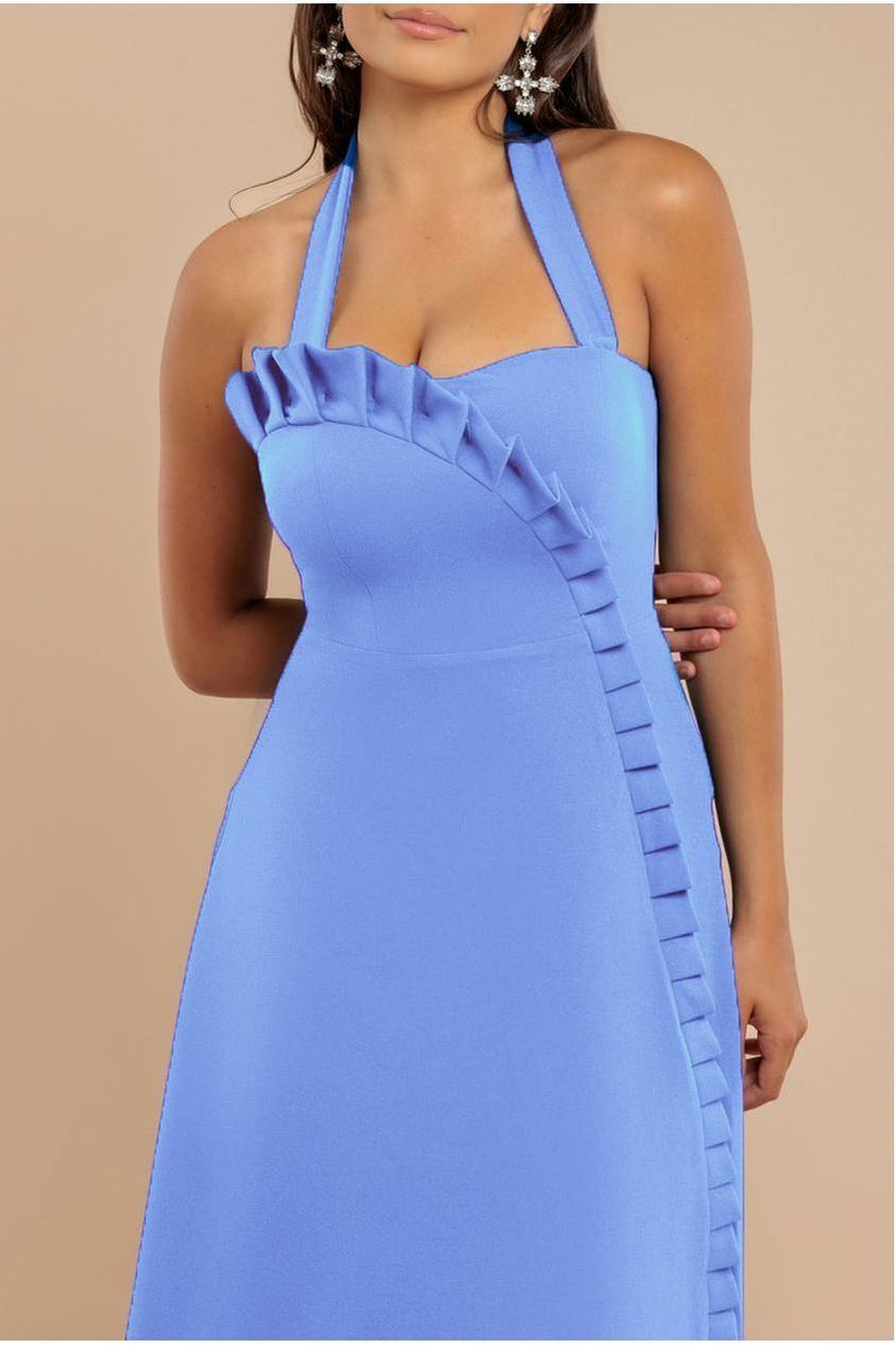 Frilled Halter Neck Strap Midi Dress - Cornflower Blue DR4205