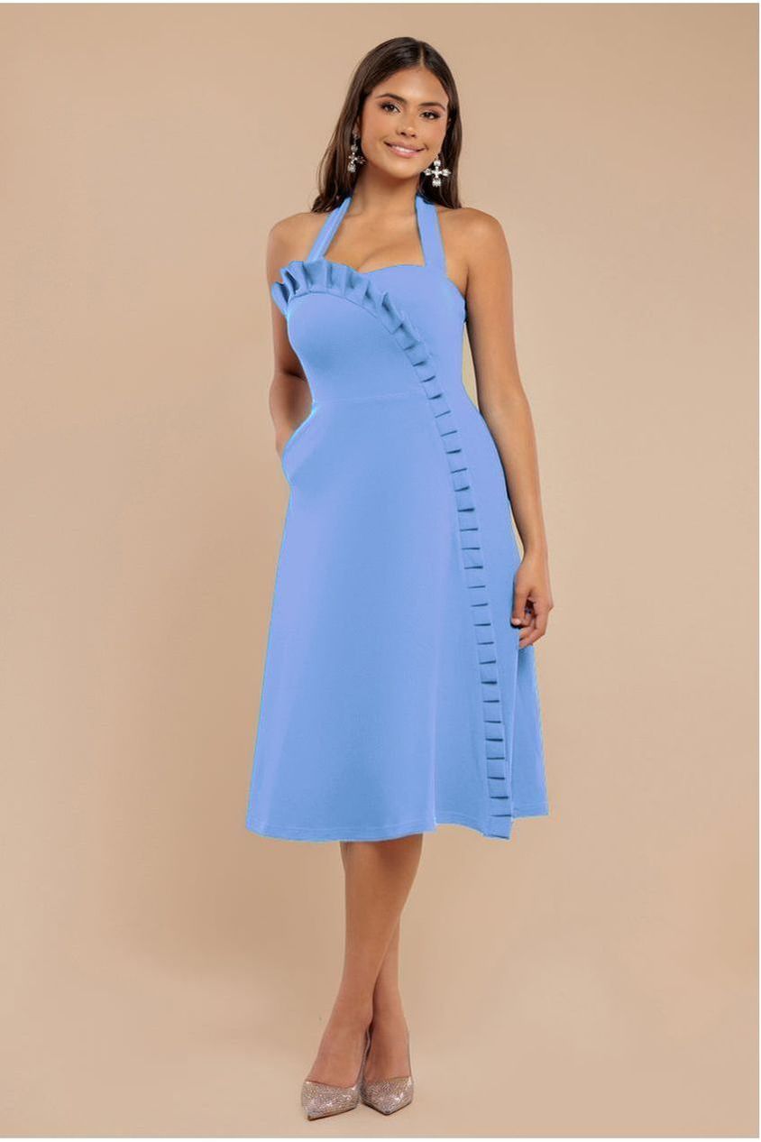 Frilled Halter Neck Strap Midi Dress - Cornflower Blue DR4205