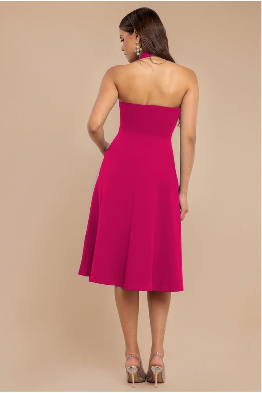 Frilled Halter Neck Strap Midi Dress - Magenta DR4205