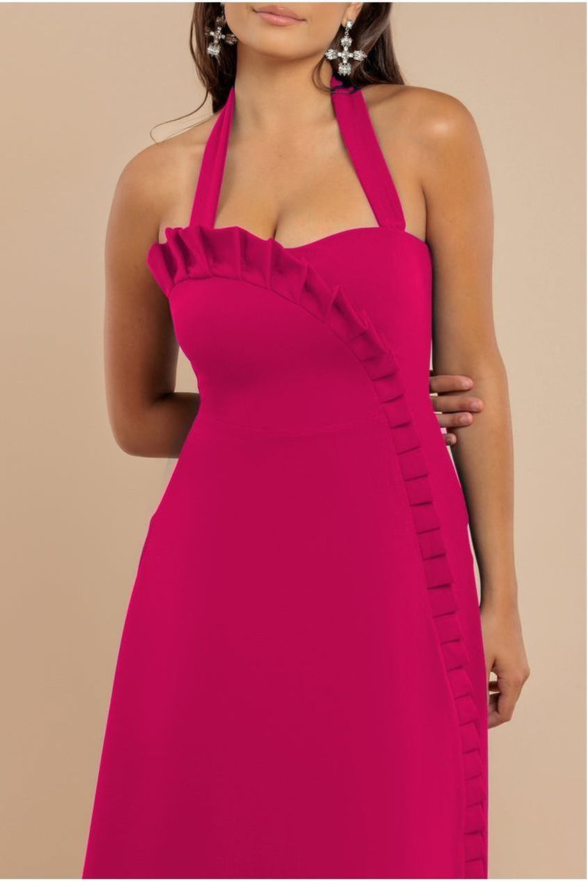 Frilled Halter Neck Strap Midi Dress - Magenta DR4205