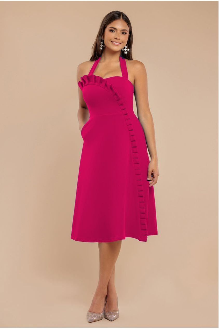 Frilled Halter Neck Strap Midi Dress - Magenta | Goddiva Frilled Halter Neck Strap Midi Dress - Magenta | Goddiva
