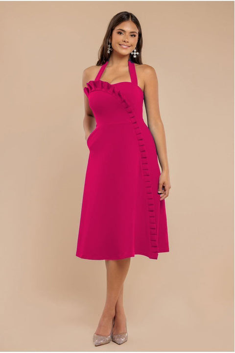 Frilled Halter Neck Strap Midi Dress - Magenta by Goddiva