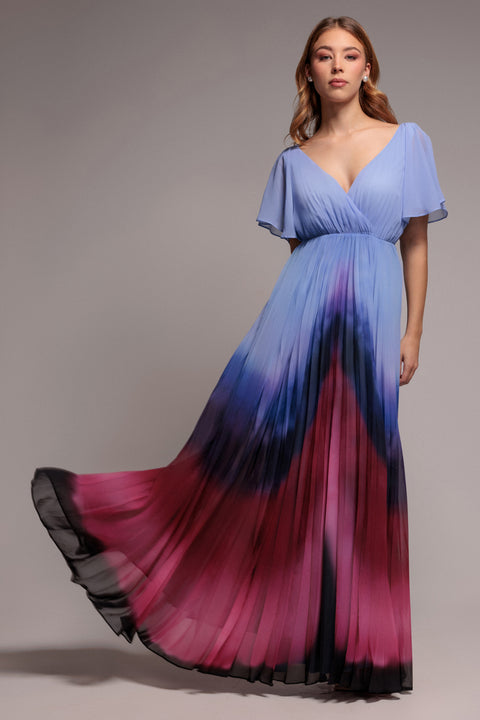 Wavy Ombre A-Line Chiffon Maxi Dress - Blue by Goddiva