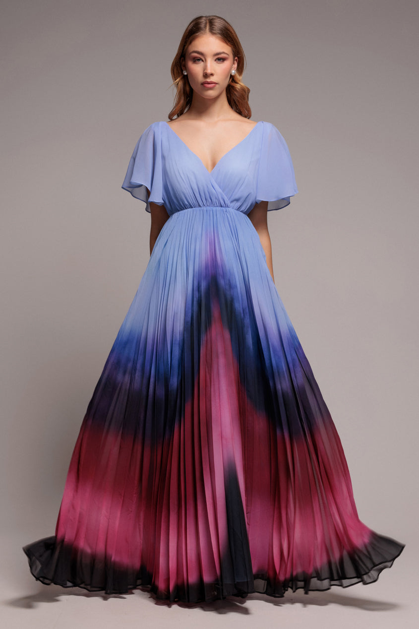 Wavy Ombre A-Line Chiffon Maxi Dress - Blue DR4207