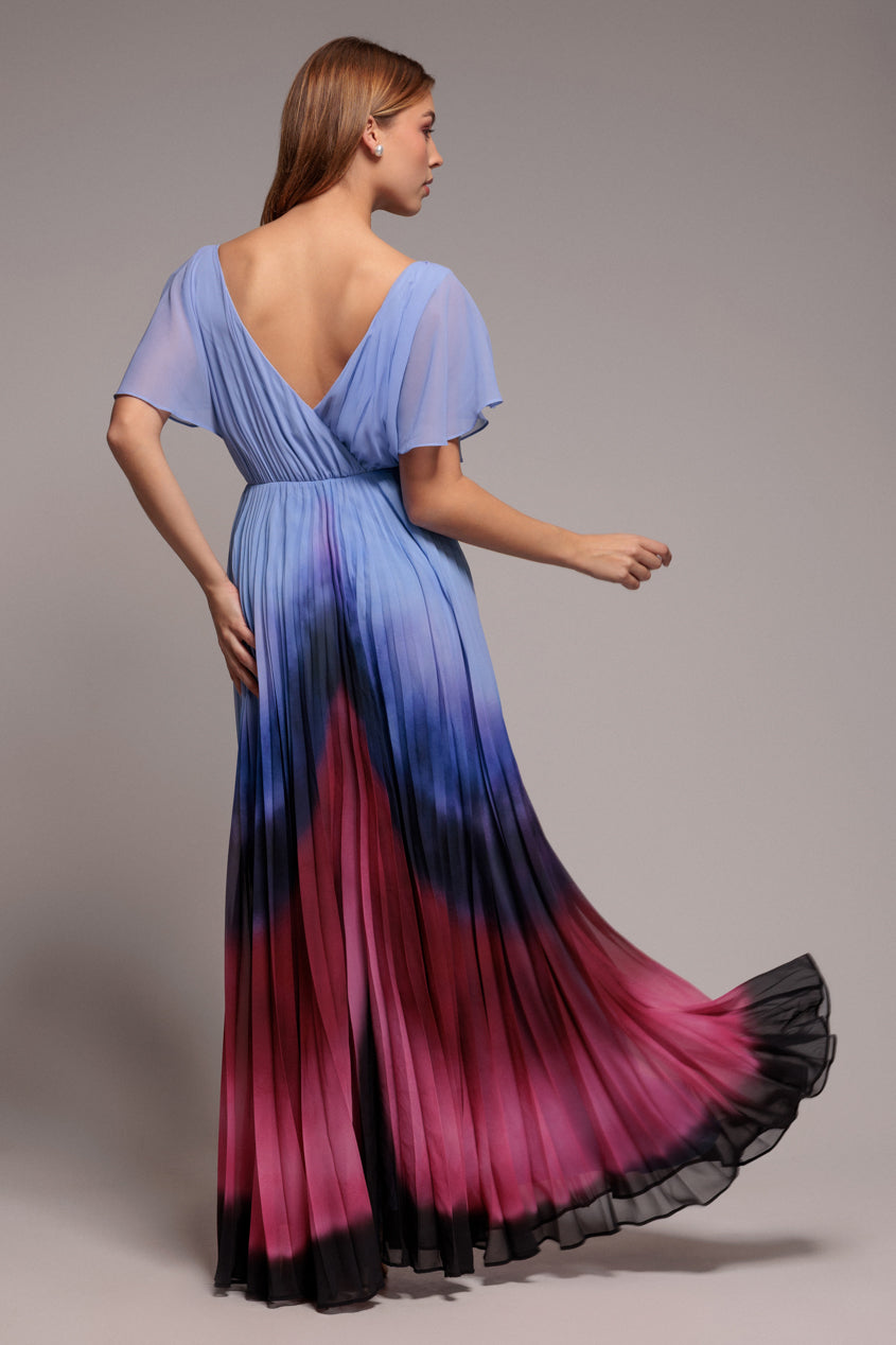 Wavy Ombre A-Line Chiffon Maxi Dress - Blue DR4207