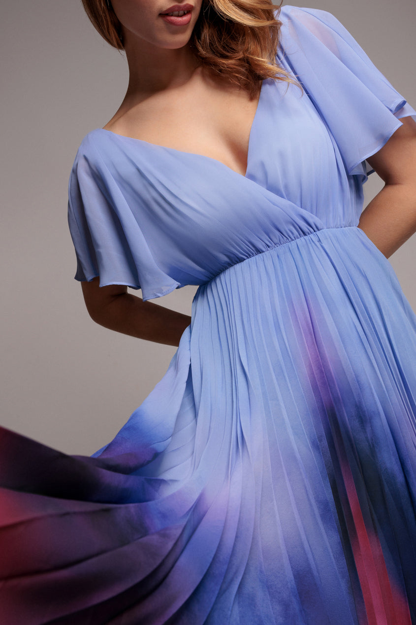 Wavy Ombre A-Line Chiffon Maxi Dress - Blue DR4207