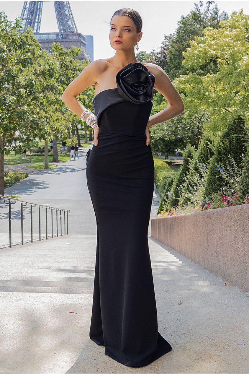 Satin Corsage Scuba Crepe Maxi Dress - Black | Goddiva Satin Corsage Scuba Crepe Maxi Dress - Black | Goddiva