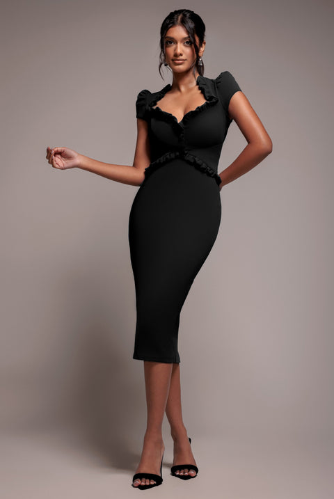 Cap Sleeve Frill Edge Midi Dress - Black by Goddiva