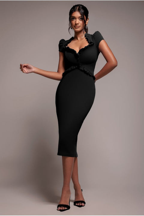 Cap Sleeve Frill Edge Midi Dress - Black by Goddiva