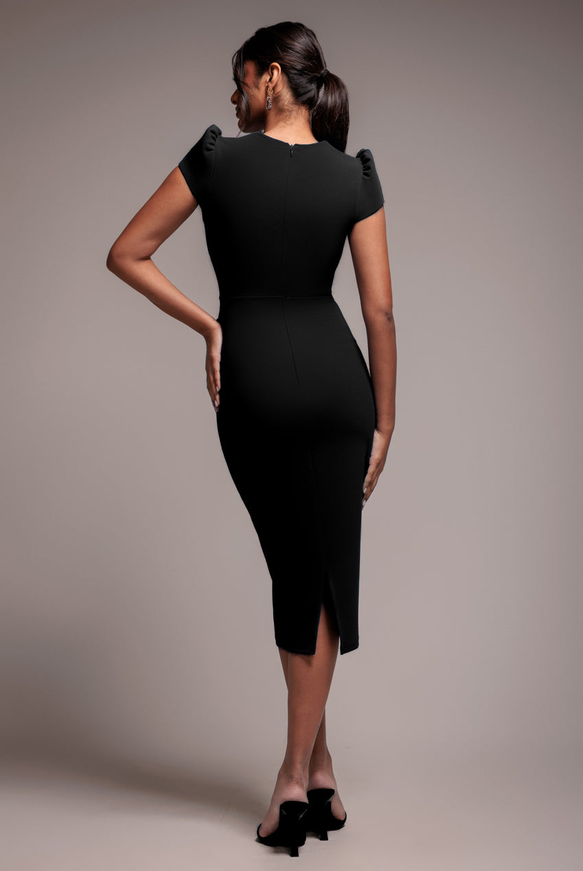 Cap Sleeve Frill Edge Midi Dress - Black DR4223