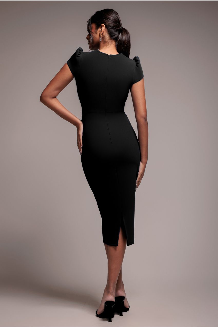 Cap Sleeve Frill Edge Midi Dress - Black DR4223