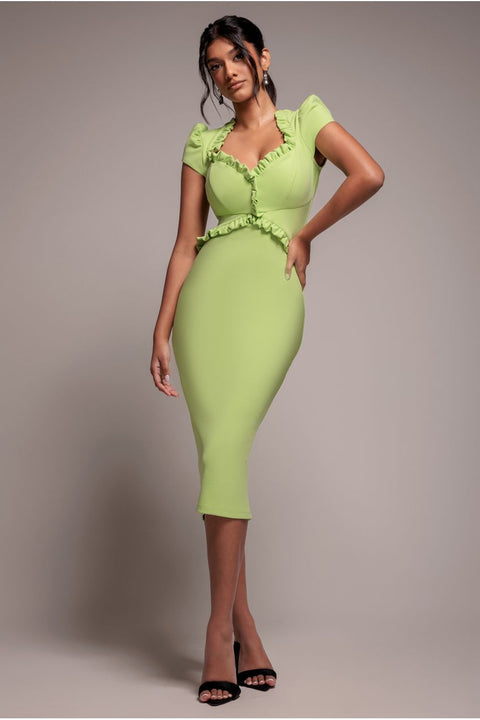 Cap Sleeve Frill Edge Midi Dress - Lime Green by Goddiva
