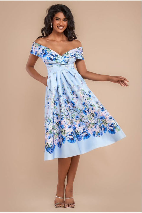 Bardot Floral Print A-Line Scuba Foam Midi Dress - Blue by Goddiva