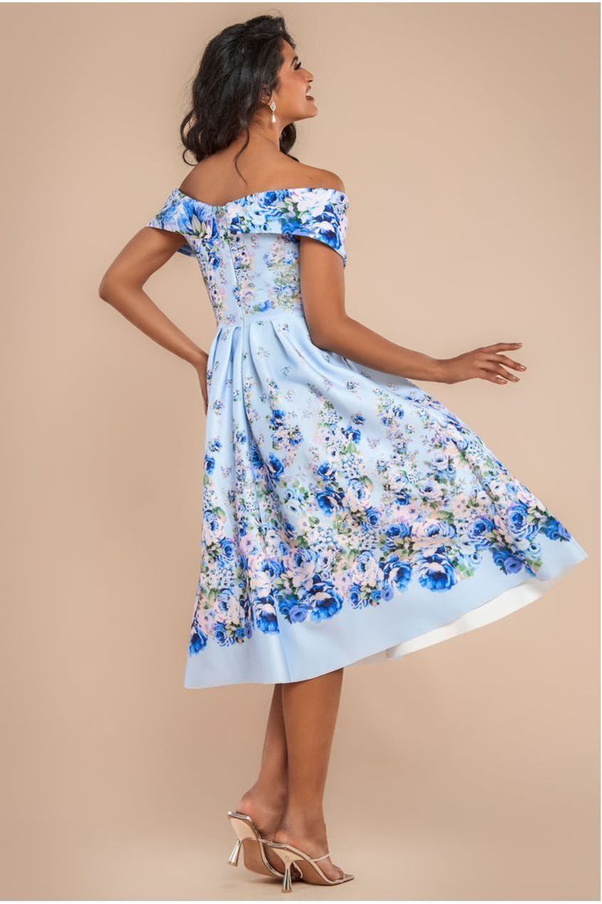 Bardot Floral Print A-Line Scuba Foam Midi Dress - Blue DR4228