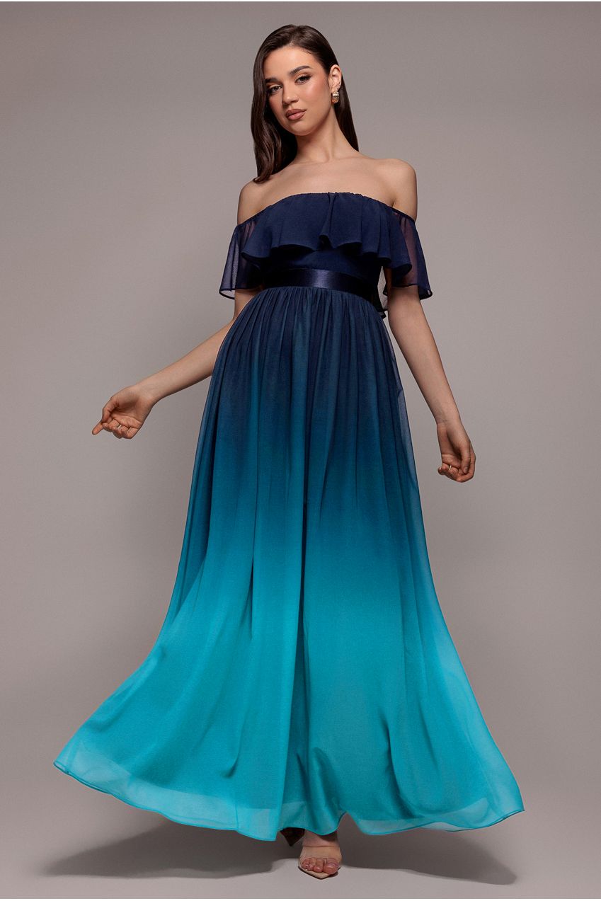 Ombre Chiffon Bardot Frill A-line Maxi Dress - Navy Ombre DR4238