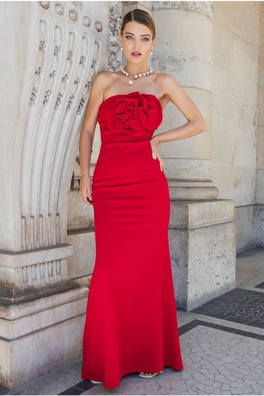 Scuba Crepe Bandeau Rose Maxi Dress - Red DR4243