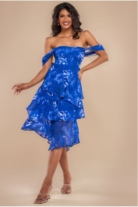 Bardot Asymmetric Handkerchief Tier Midaxi - Blue by Goddiva