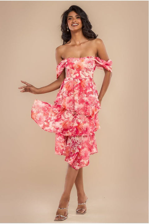 Bardot Asymmetric Handkerchief Tier Midaxi - Blush by Goddiva