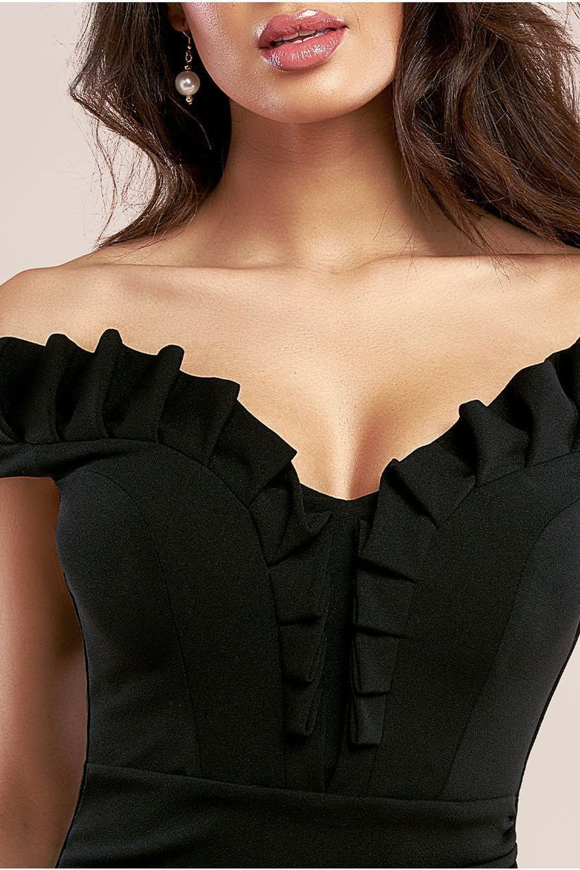 Off The Shoulder Frill Bodice Midi Dress - Black DR4255
