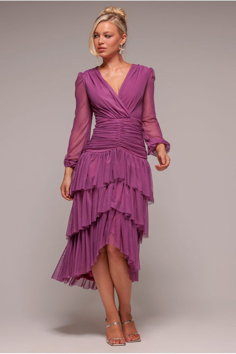 Gathered High & Low Tiered Midaxi Dress - Berry by Goddiva