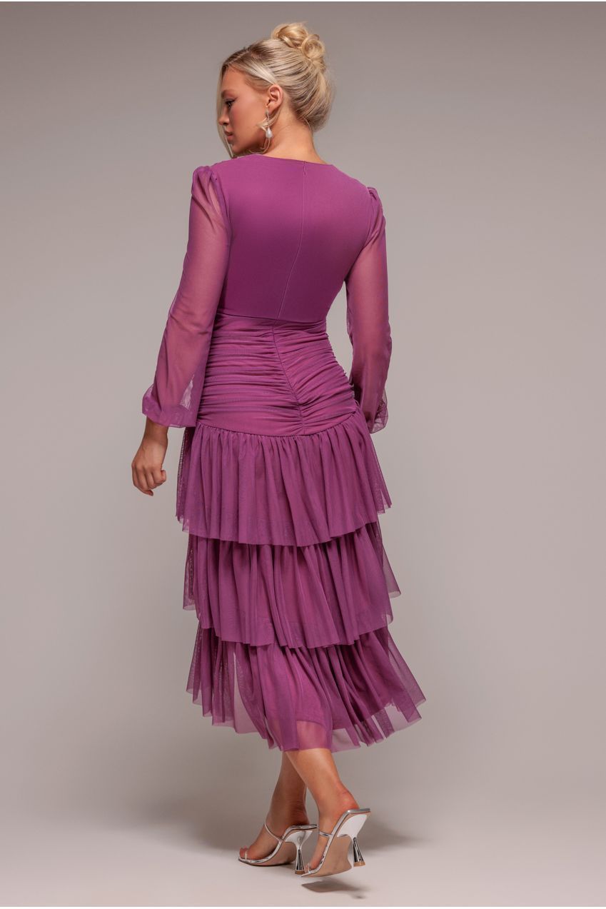 Gathered High & Low Tiered Midaxi Dress - Berry DR4262QZ