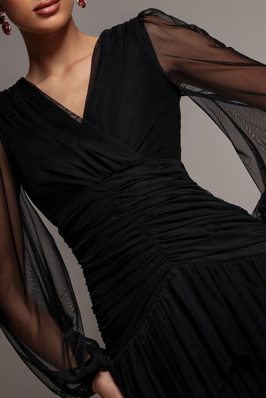 Gathered High & Low Tiered Midi Dress - Black DR4262