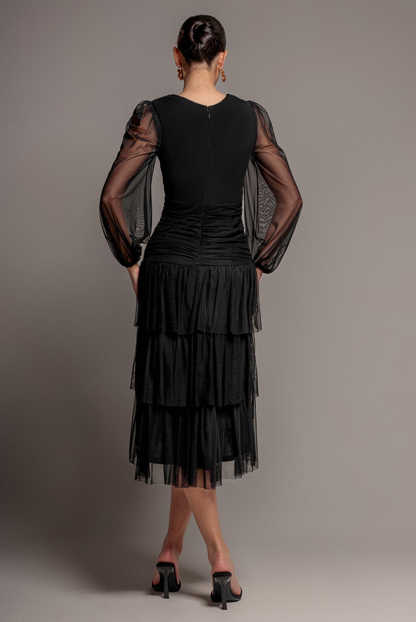 Gathered High & Low Tiered Midi Dress - Black DR4262