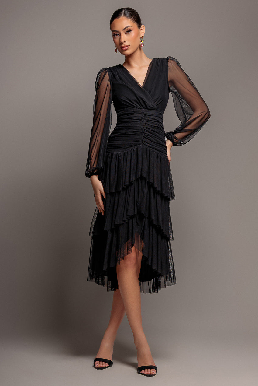 Gathered High & Low Tiered Midi Dress - Black DR4262