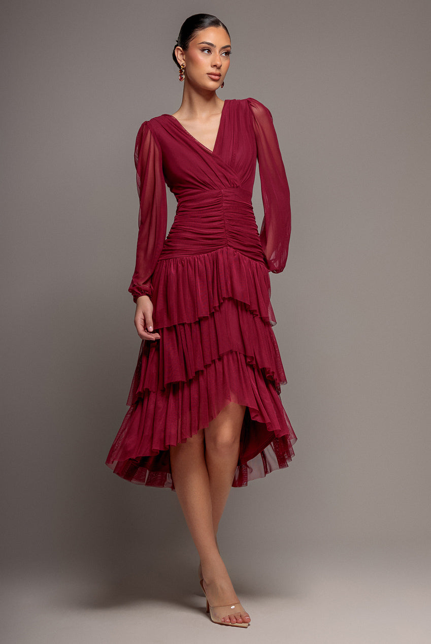 Gathered High & Low Tiered Midi Dress - Magenta DR4262