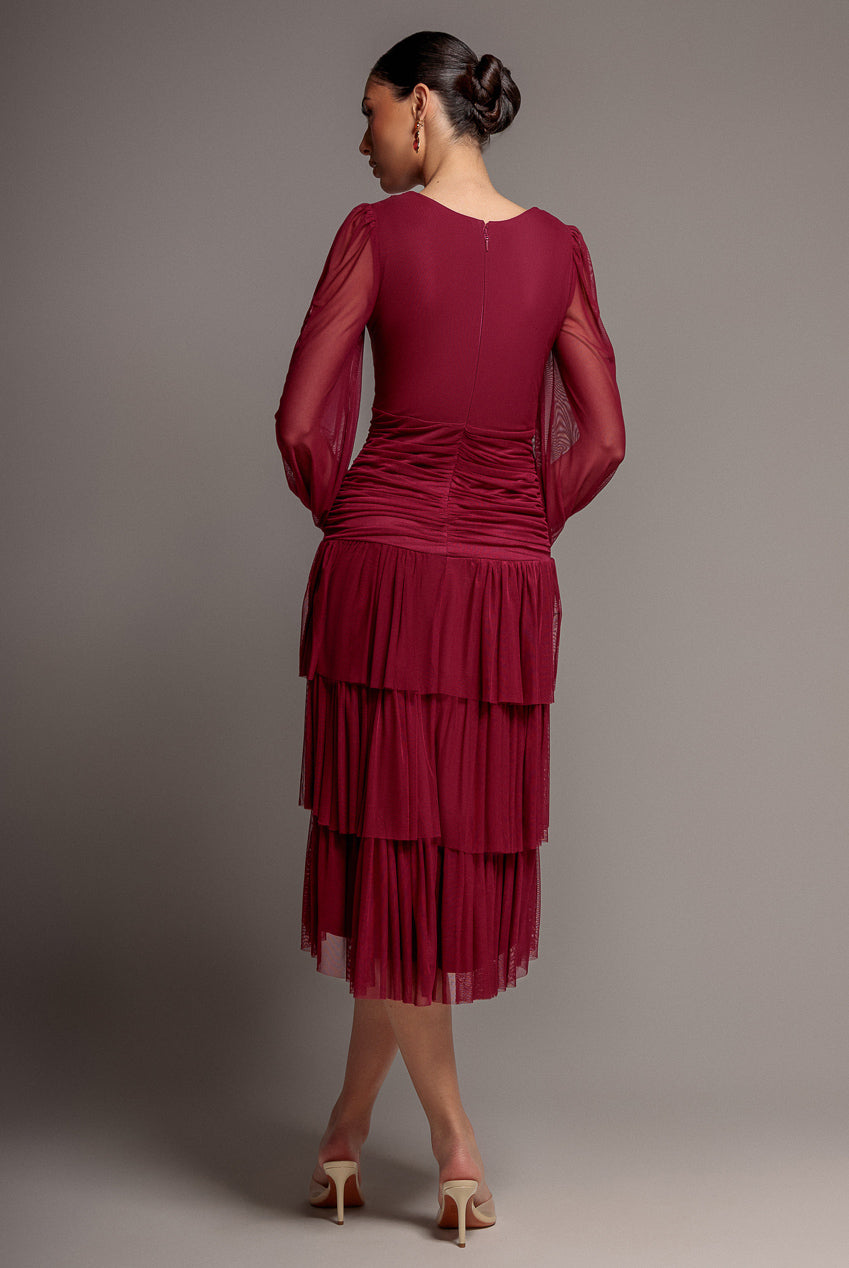 Gathered High & Low Tiered Midi Dress - Magenta DR4262