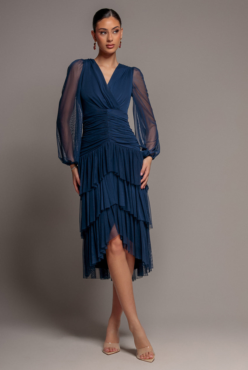 Gathered High & Low Tiered Midi Dress - Navy Blue DR4262