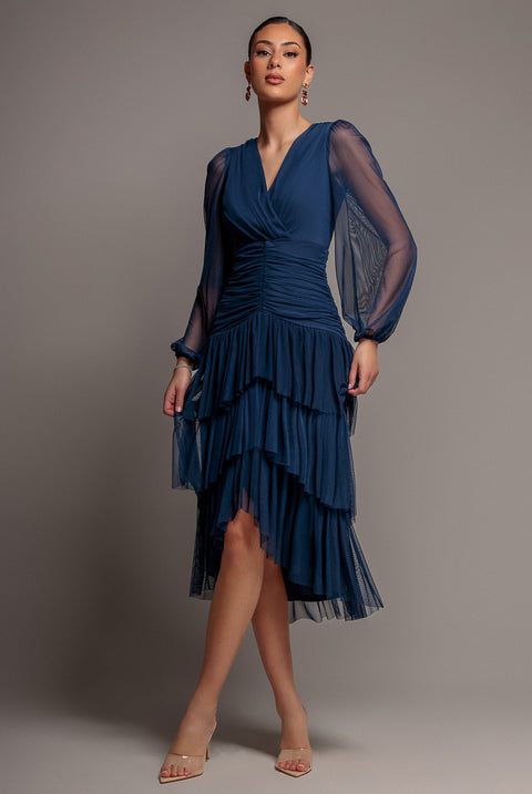 Gathered High & Low Tiered Midi Dress - Navy Blue by Goddiva
