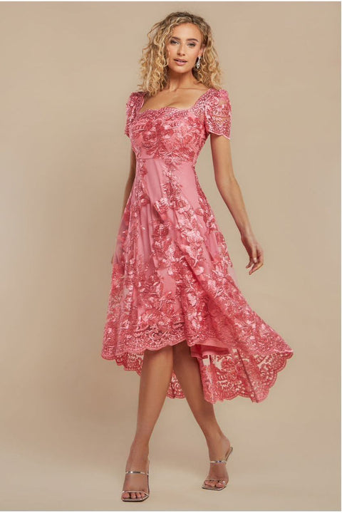 Scalloped Neck Embroidered Lace High Low Midi Dress - Coral by Goddiva