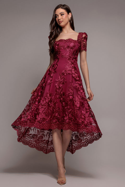 Scalloped Neck Embroidered Lace High Low Midi Dress - Burgundy by Goddiva