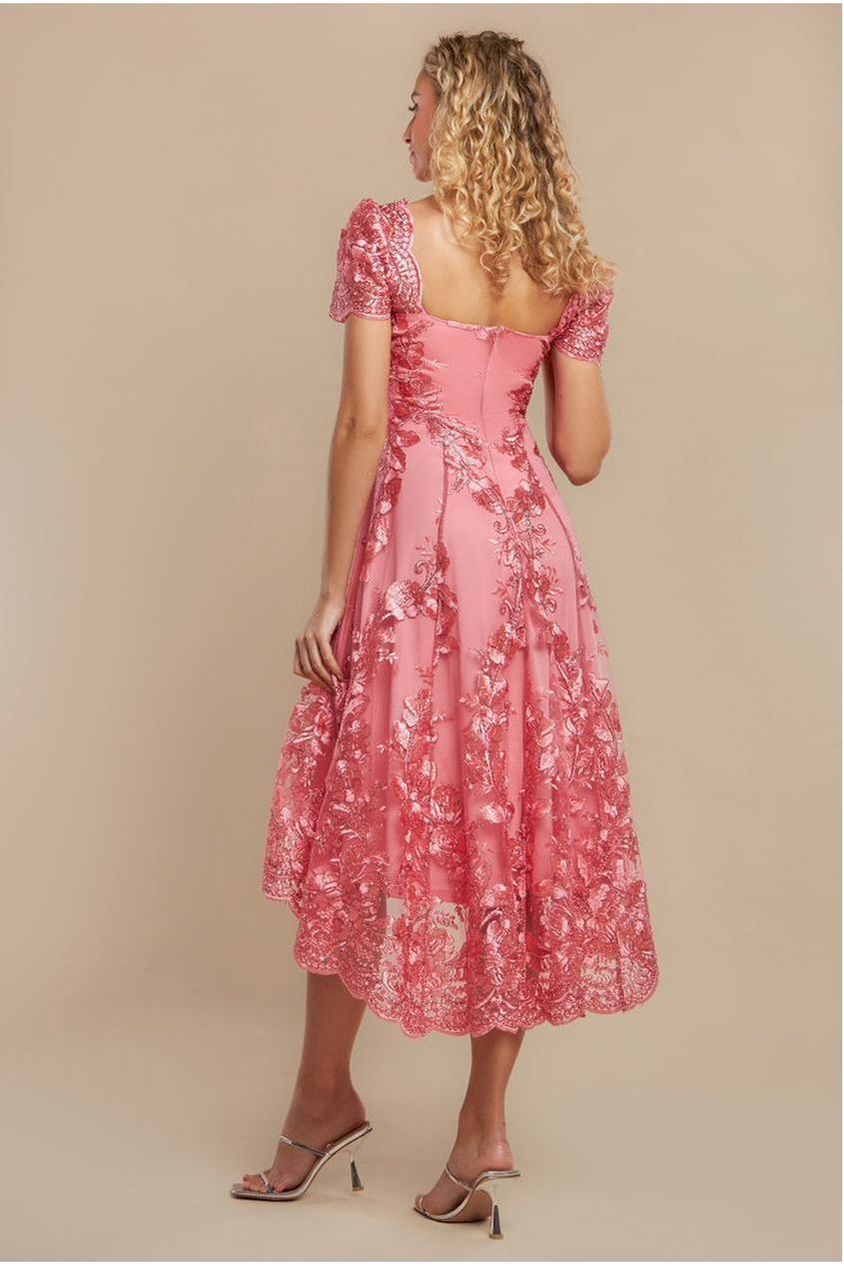 Scalloped Neck Embroidered Lace High Low Midi Dress - Coral DR4265