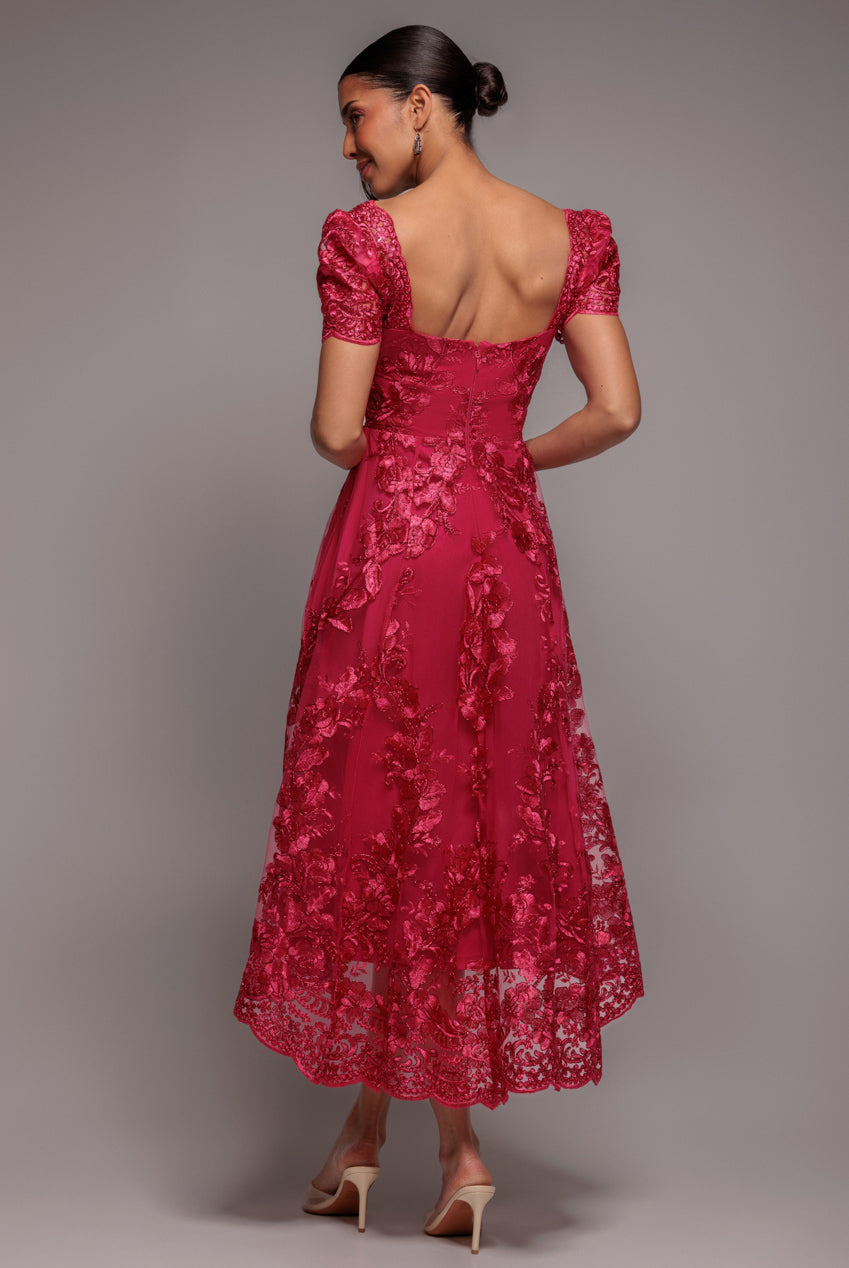 Scalloped Neck Embroidered Lace High Low Midi Dress - Magenta DR4265