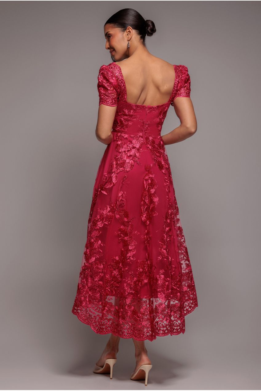 Scalloped Neck Embroidered Lace High Low Midi Dress - Magenta DR4265