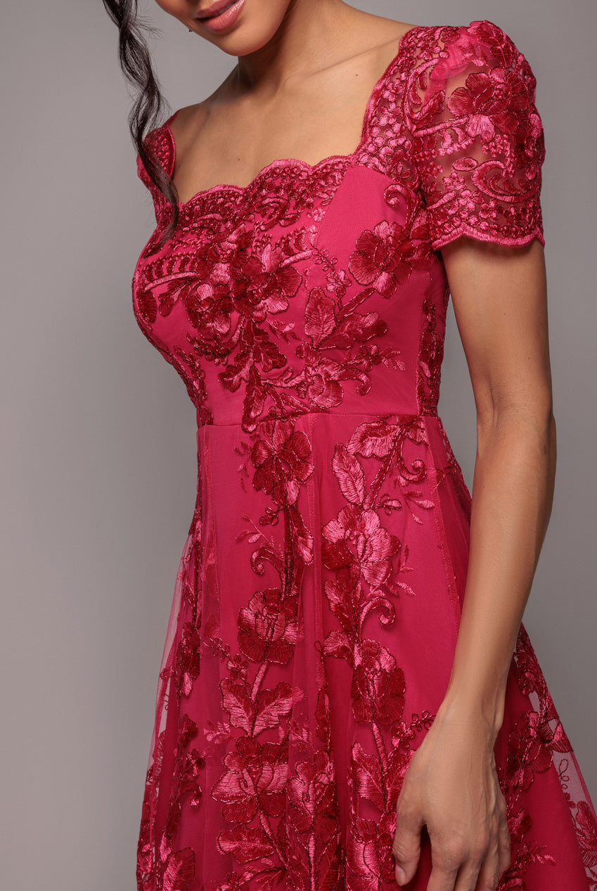 Scalloped Neck Embroidered Lace High Low Midi Dress - Magenta DR4265