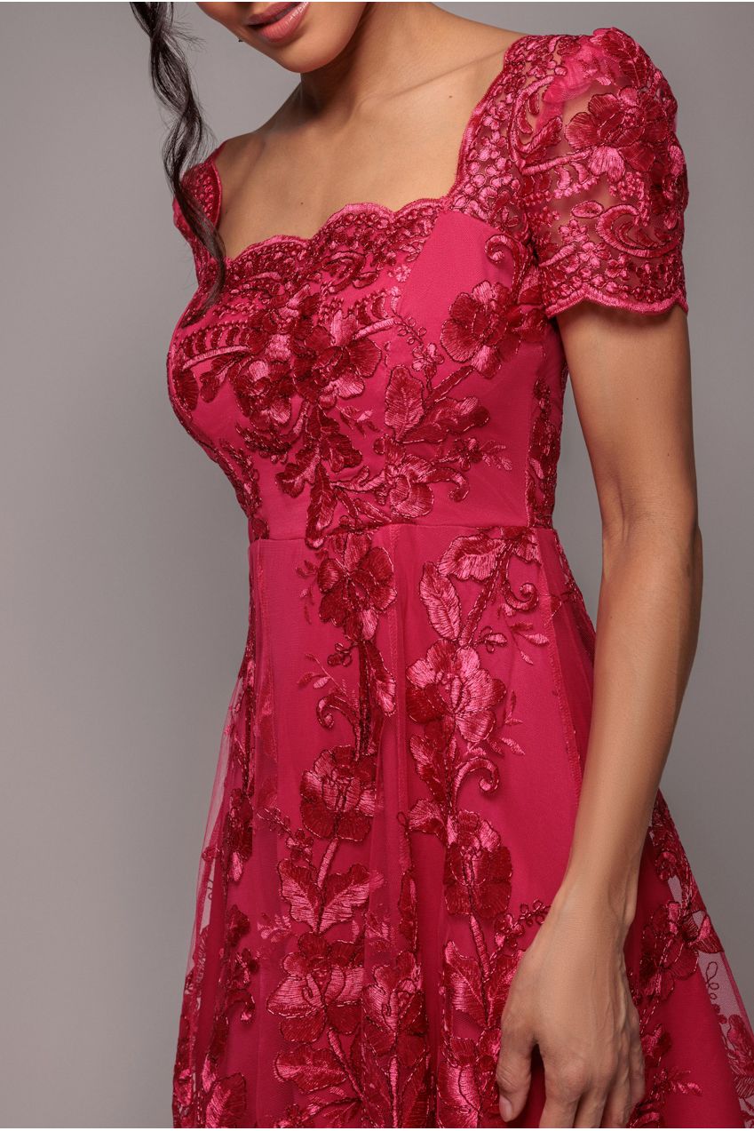 Scalloped Neck Embroidered Lace High Low Midi Dress - Magenta DR4265