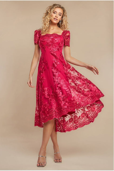 Scalloped Neck Embroidered Lace High Low Midi Dress - Magenta by Goddiva