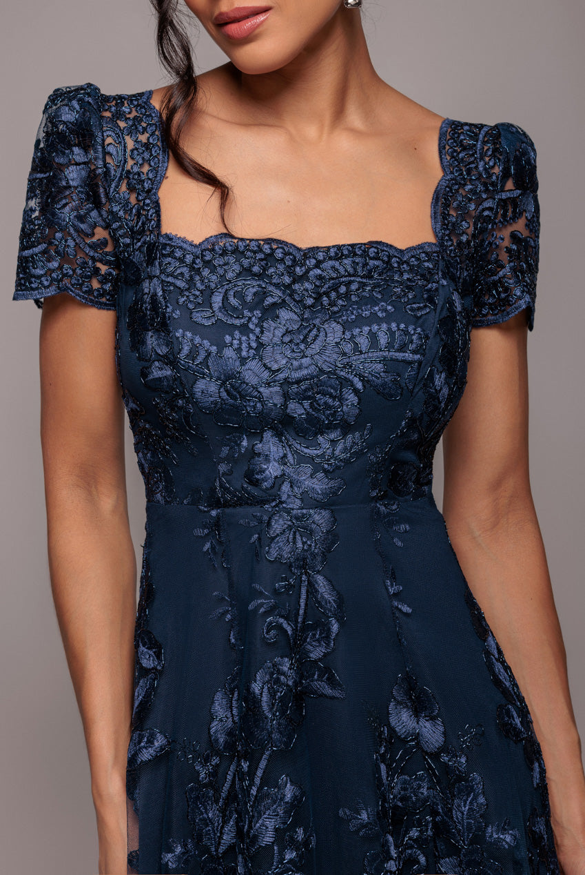 Scalloped Neck Embroidered Lace High Low Midi Dress - Navy Blue DR4265