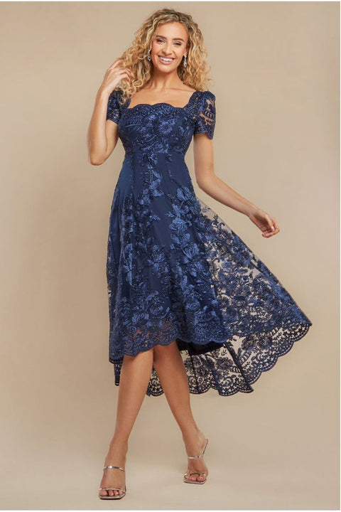 Scalloped Neck Embroidered Lace High Low Midi Dress - Navy Blue by Goddiva