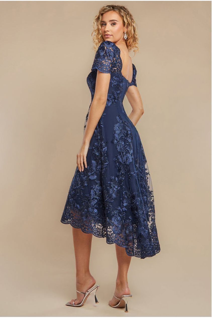 Scalloped Neck Embroidered Lace High Low Midi Dress - Navy Blue DR4265