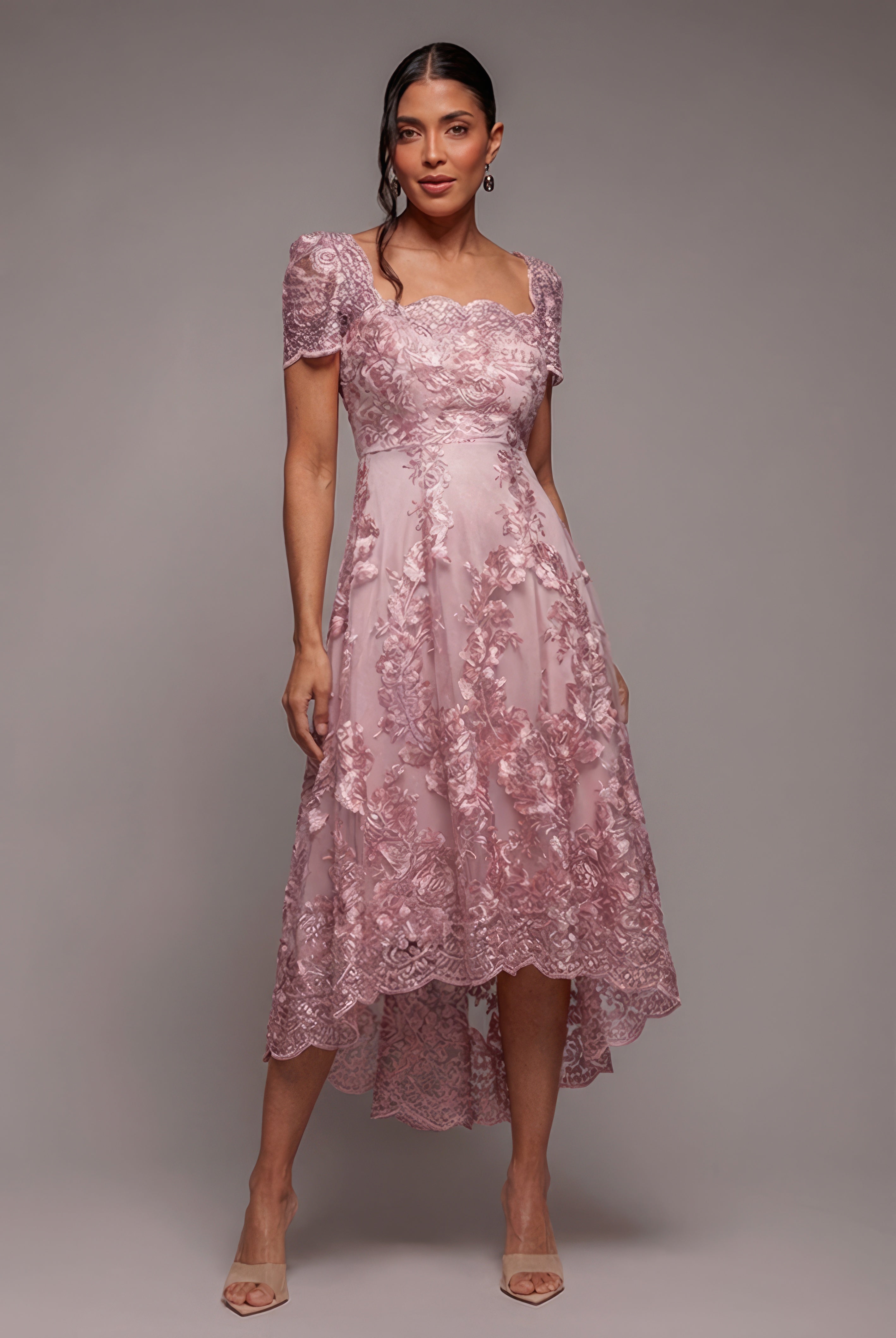 Scalloped Neck Embroidered Lace High Low Midi Dress - Pink DR4265