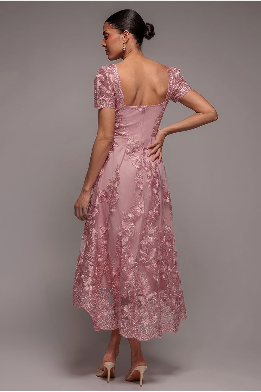 Scalloped Neck Embroidered Lace High Low Midi Dress - Pink DR4265