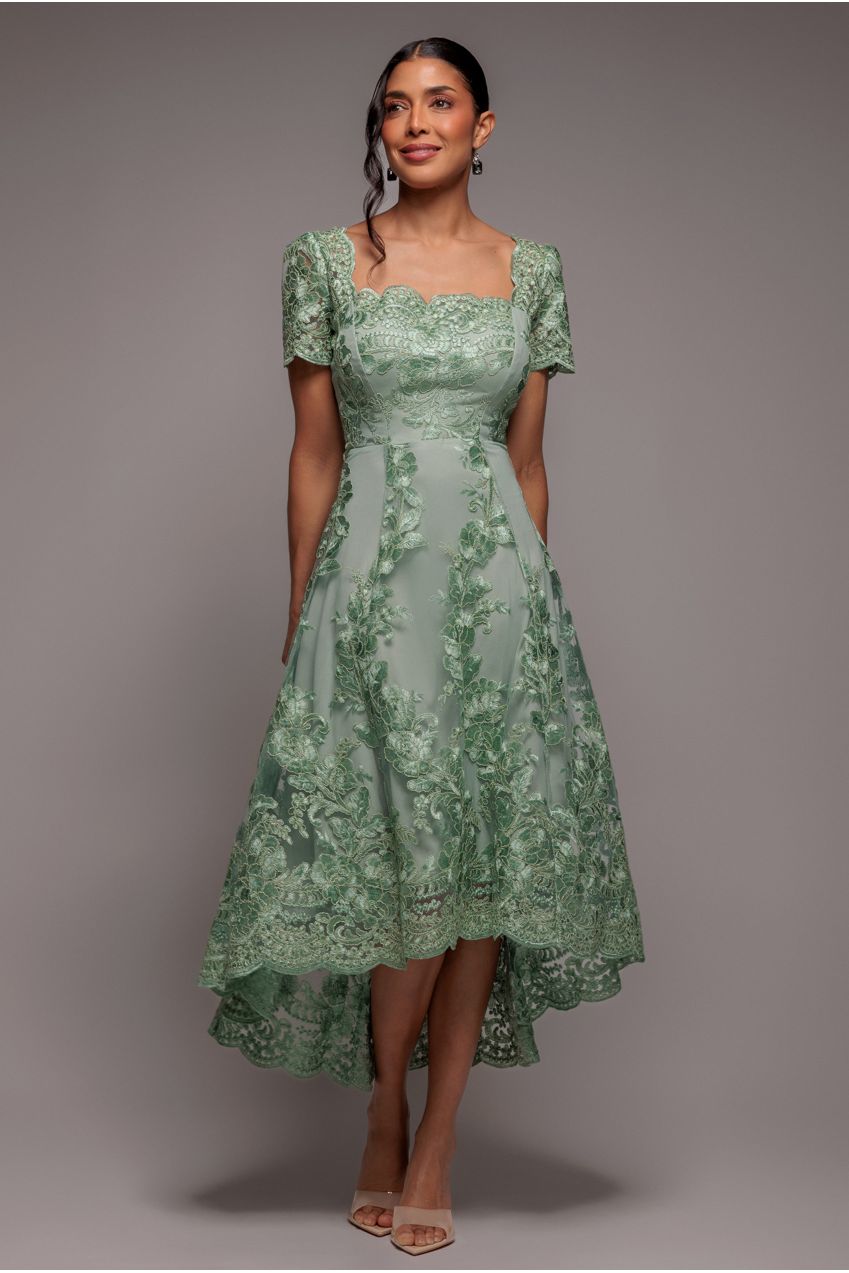 Scalloped Neck Embroidered Lace High Low Midi Dress - Sage Green | Goddiva Scalloped Neck Embroidered Lace High Low Midi Dress - Sage Green | Goddiva