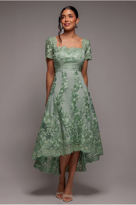 Scalloped Neck Embroidered Lace High Low Midi Dress - Sage Green by Goddiva