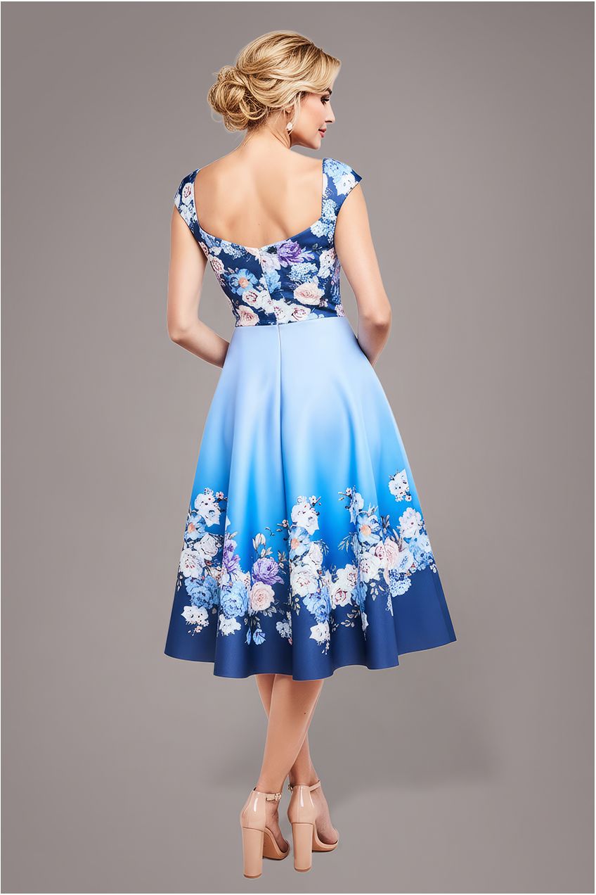 Floral Printed Scuba Foam Skater Dress - Blue DR4269M