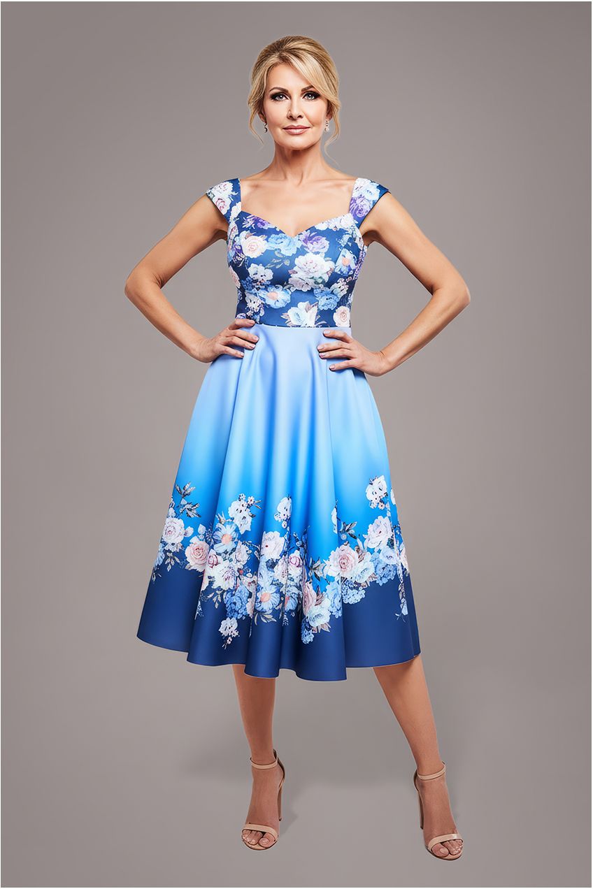 Floral Printed Scuba Foam Skater Dress - Blue DR4269M